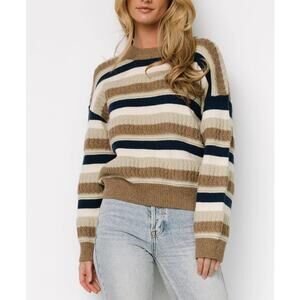 Baltic Born Kira Striped Sweater Navy Sage Tan Beige Soft Chunky NK11144 Size XL